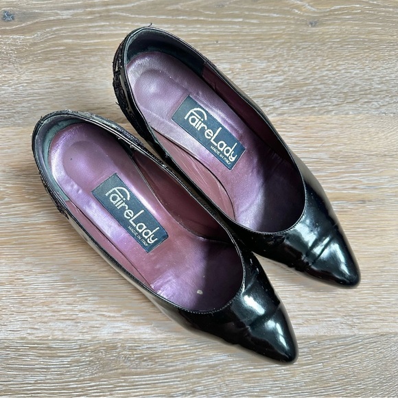 Vintage Faire Lady Black Patent Leather Pumps Aztec Cross Stitch Shoes Size 37 - Picture 14 of 16